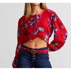 Band of the Free Red Floral Crop Top Long Sleeve Smocked Blouse NWT Medium